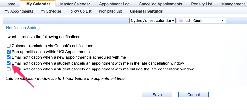 Shows calendar settings with checked boxes