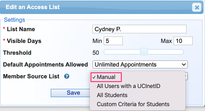 Shows drop-down menu of member source list
