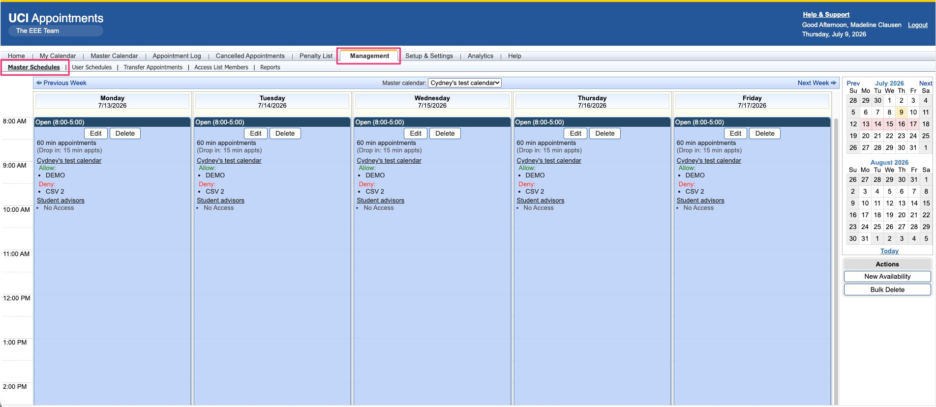 Master Schedules tab