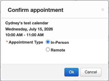 Appointment confirmation pop-up