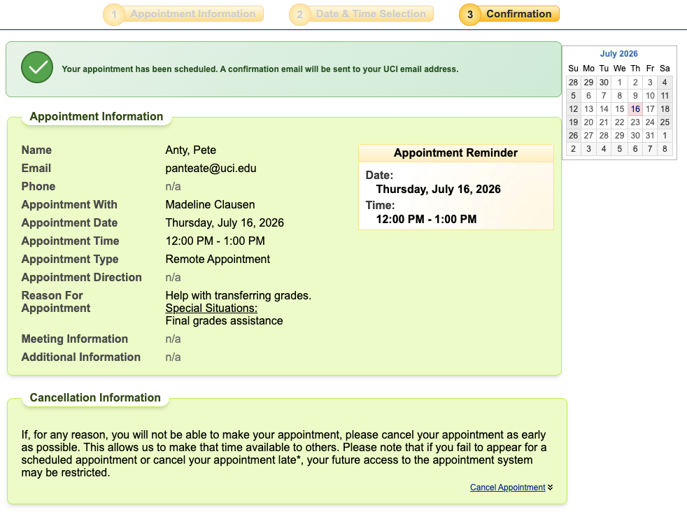 Appointment confirmation page
